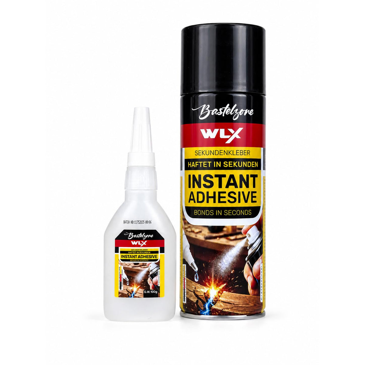 Sekundenkleber mit Sprüh-Aktivator. 100 g Kleber mit 400 ml Spray