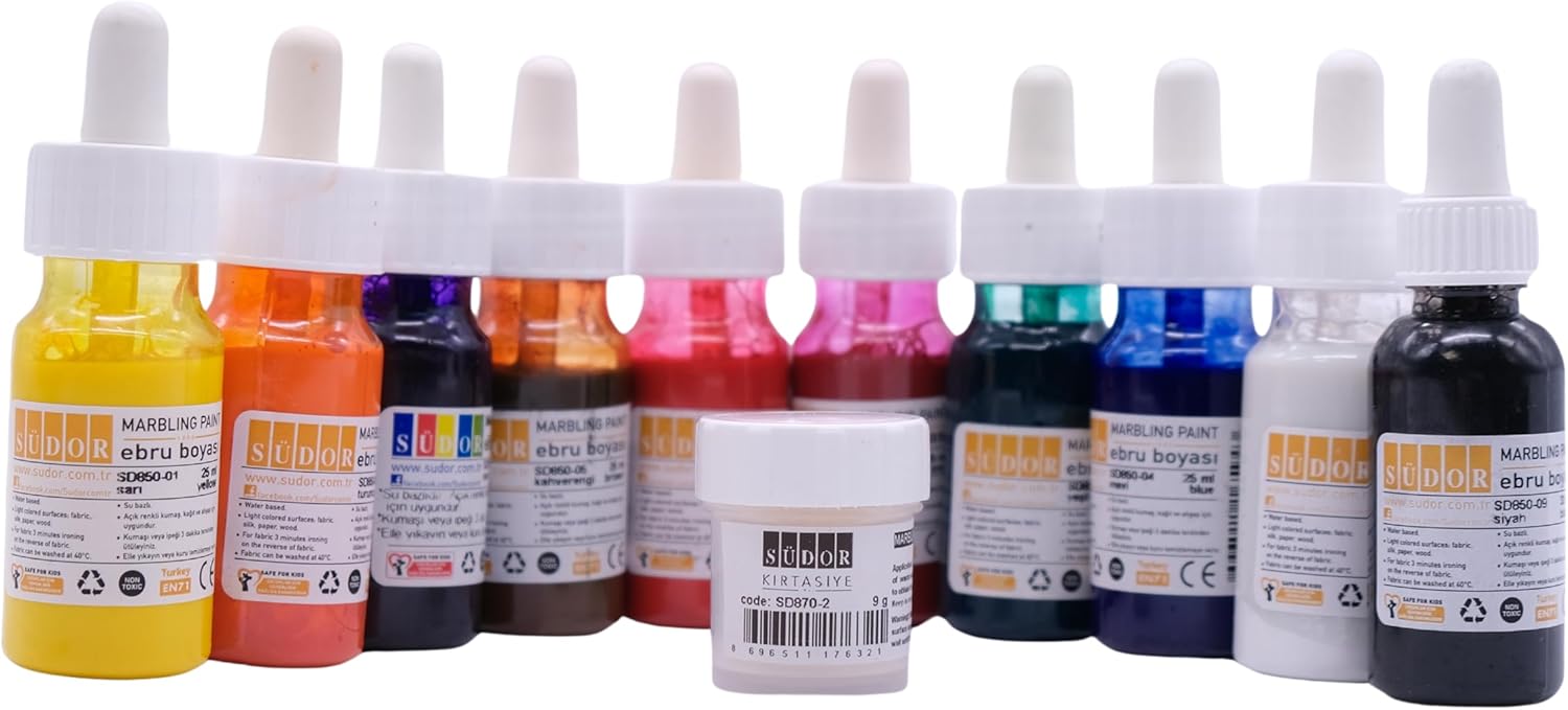 Ebru Malerei Ersatzfarben-Set, 10 Farben à 30 ml mit Verdickungspulver (Carrageen) und Marmoriergalle-Ochsengalle (30ml)