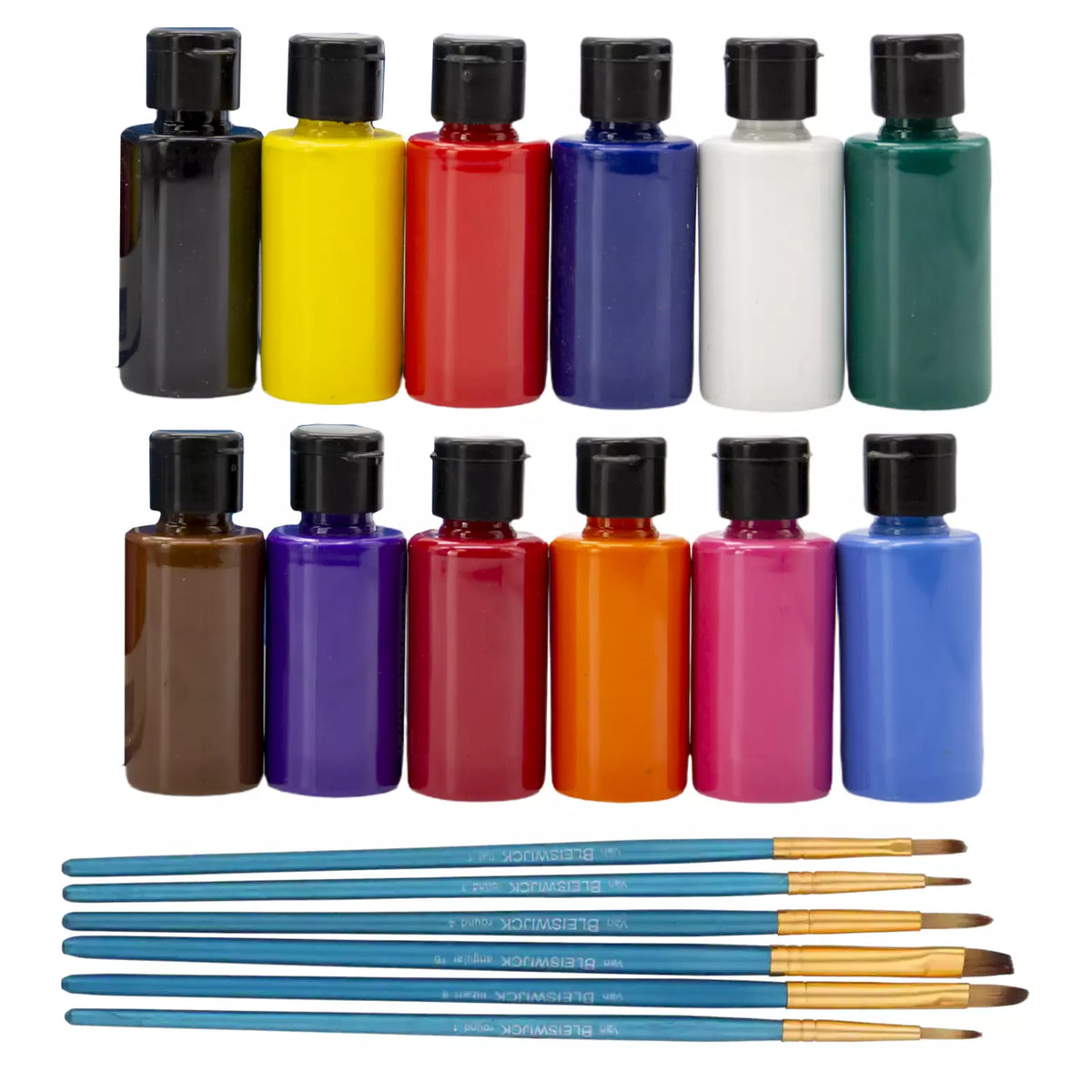 Acrylfarben-Set 12 Farben x 40ml. Primär, Mitteltöne, Pastell, Neon 6 Pinsel