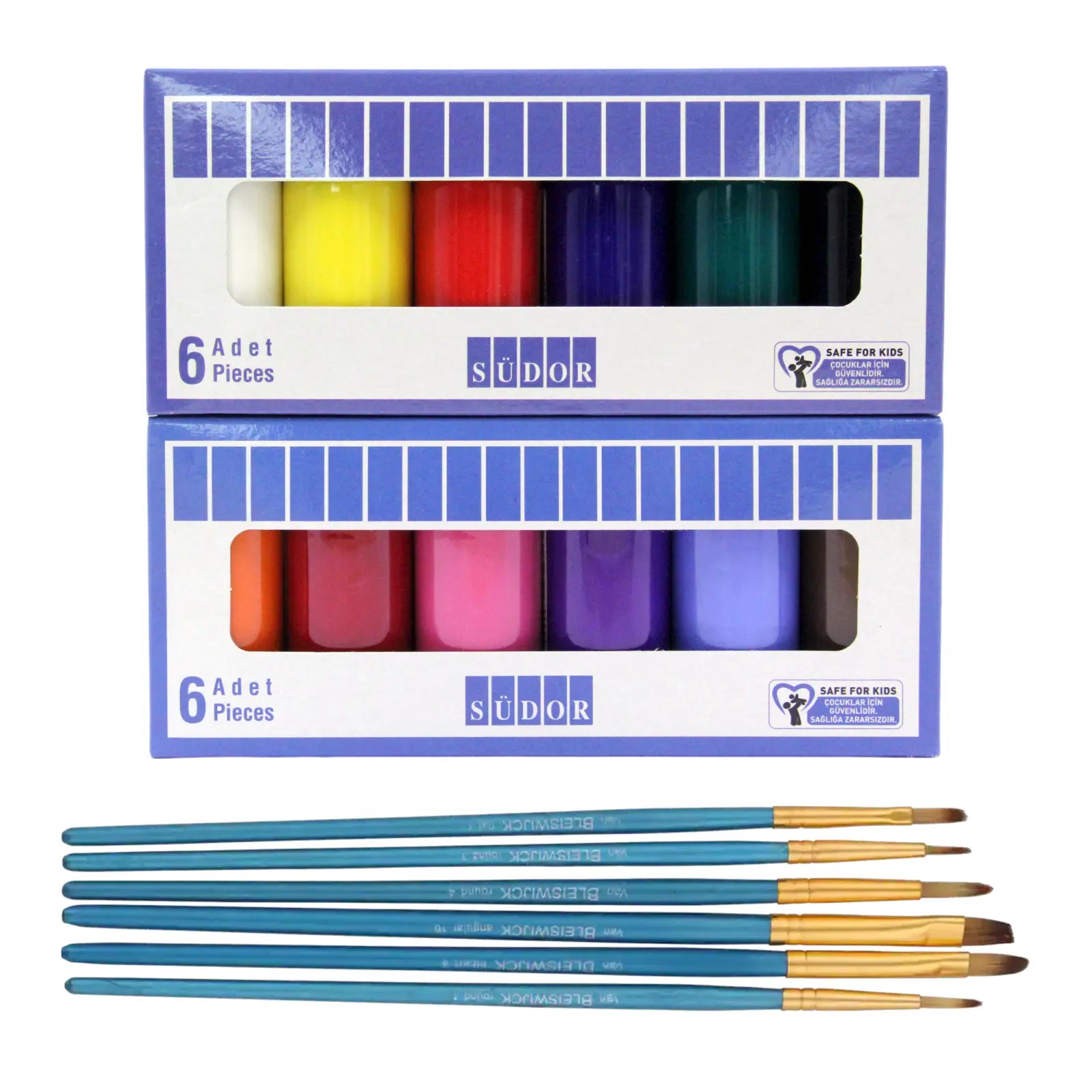 Acrylfarben-Set 12 Farben x 40ml. Primär, Mitteltöne, Pastell, Neon 6 Pinsel