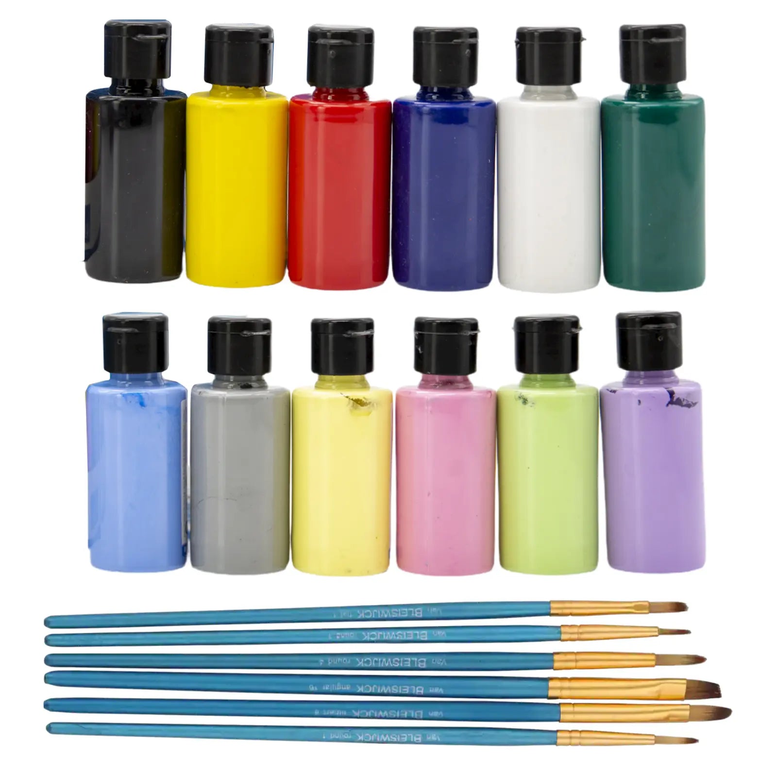 Acrylfarben-Set 12 Farben x 40ml. Primär, Mitteltöne, Pastell, Neon 6 Pinsel