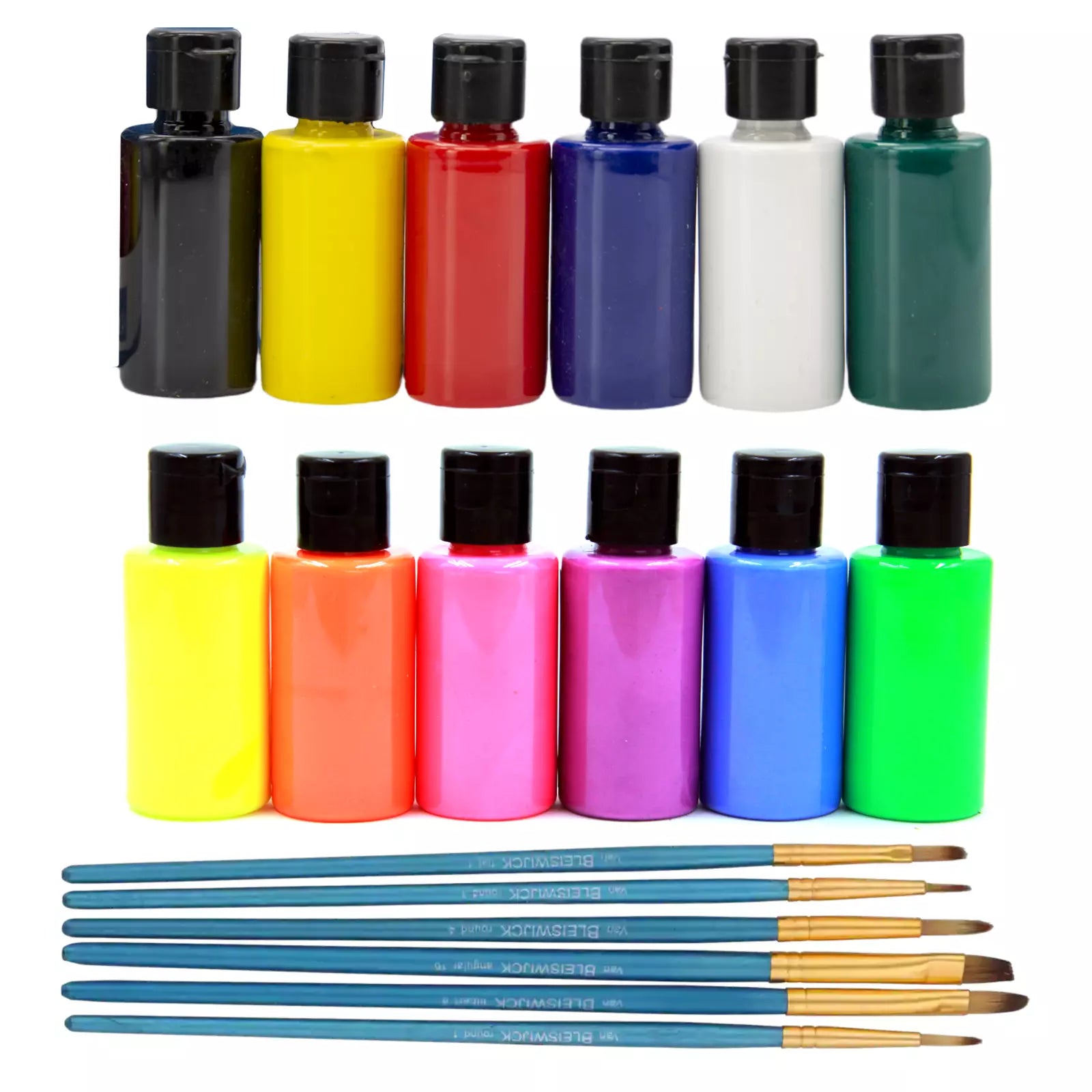 Acrylfarben-Set 12 Farben x 40ml. Primär, Mitteltöne, Pastell, Neon 6 Pinsel